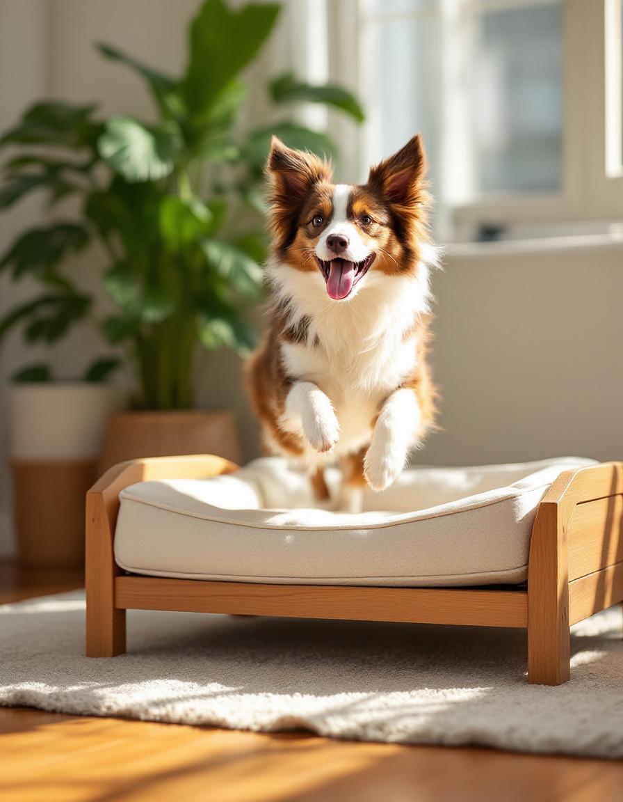 Border Collie saltando lleno de alegría hacia su cama NidoVerde