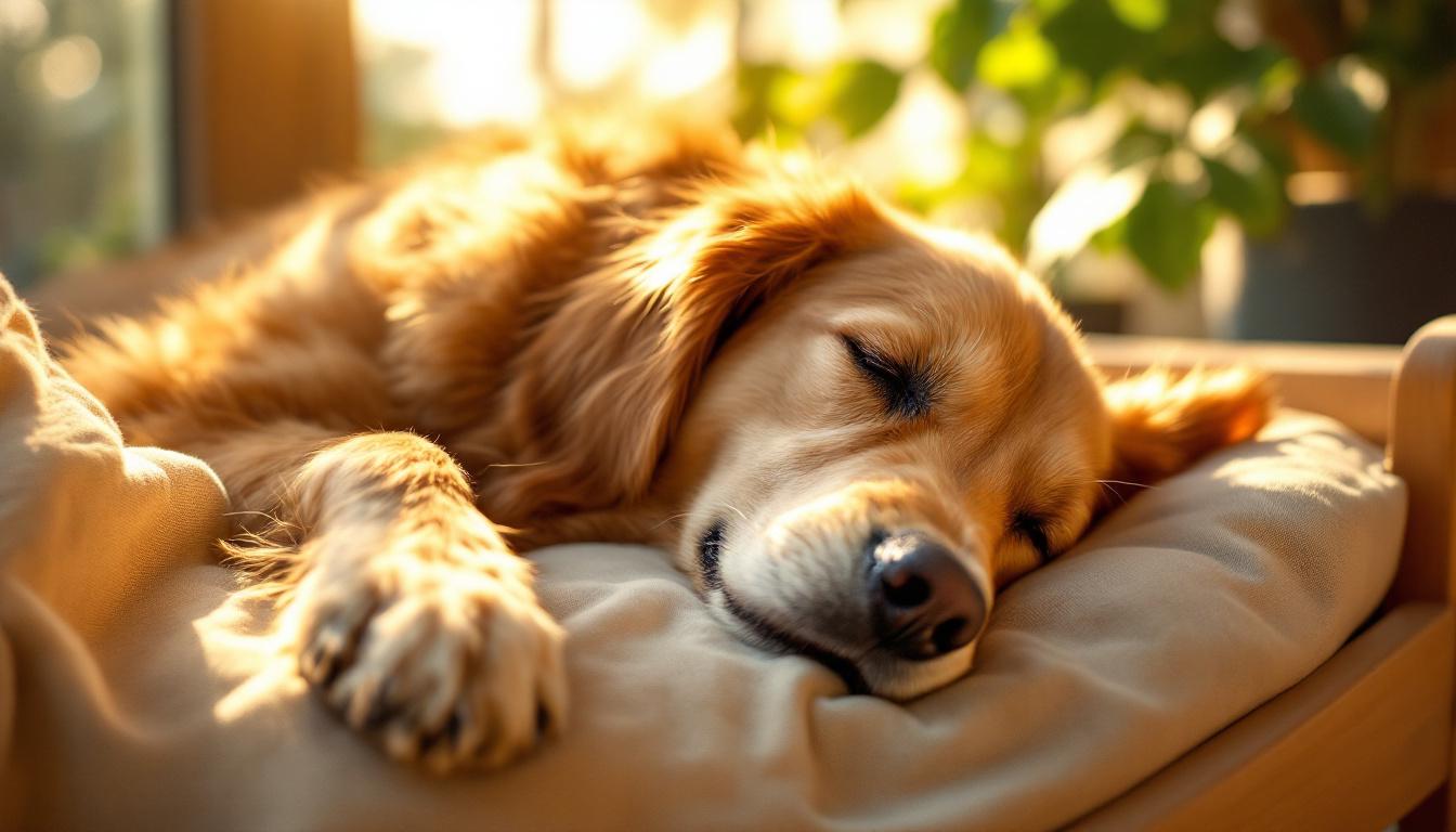 Golden Retriever dormido en total confort sobre cama ecológica NidoVerde