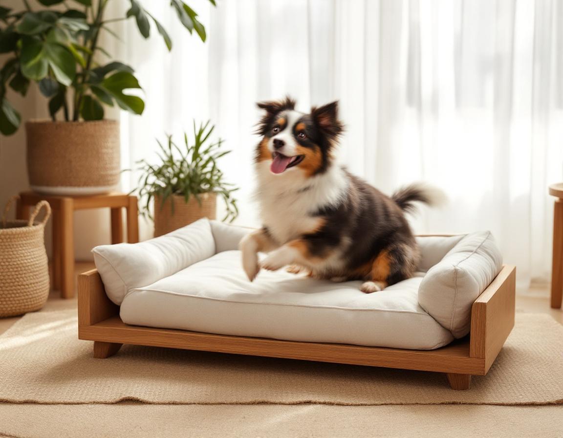 Nido Sabana — Australian Shepherd sobre cama de madera FSC y algodón orgánico