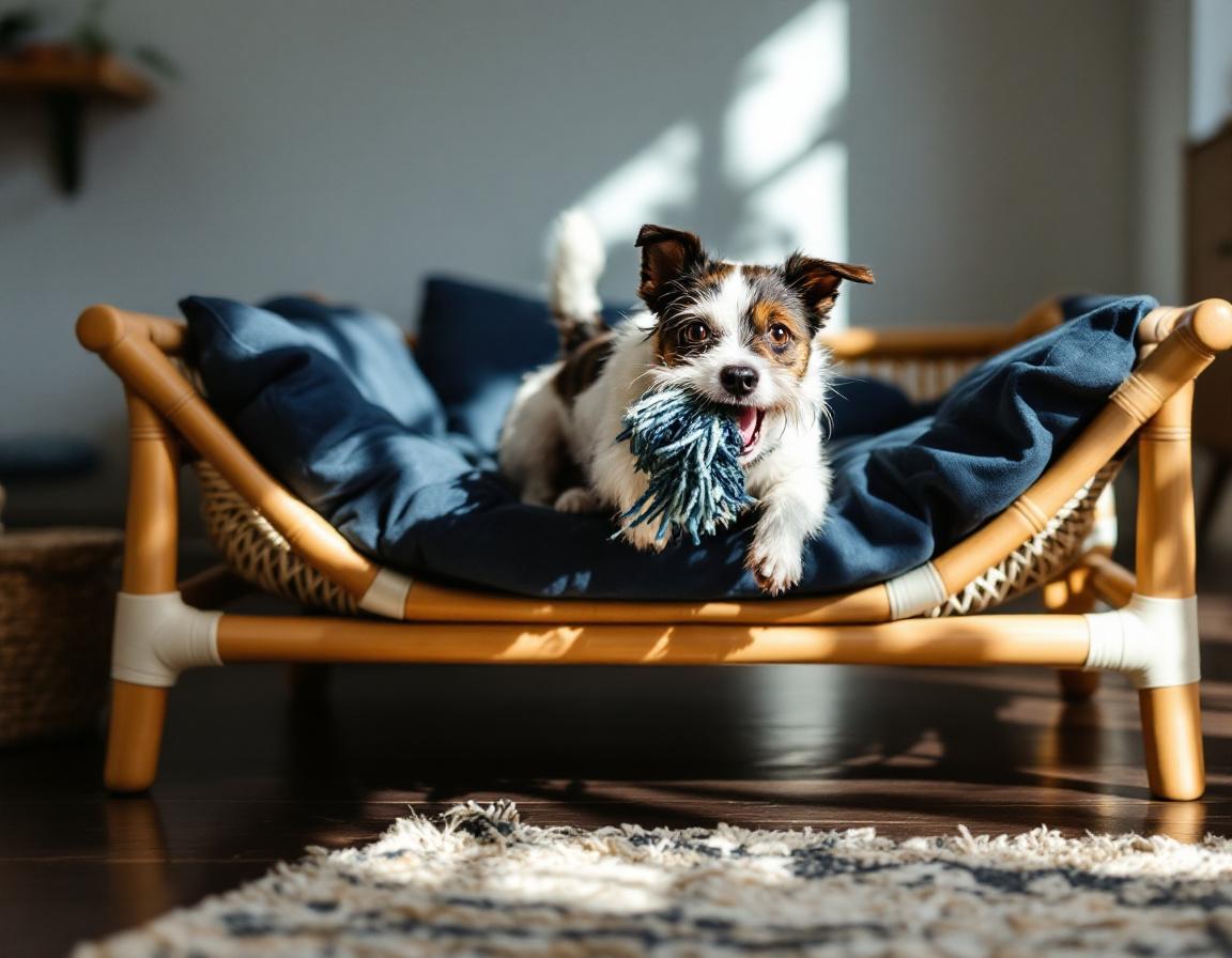 Nido Urban — Jack Russell sobre cama de bambú y denim reciclado